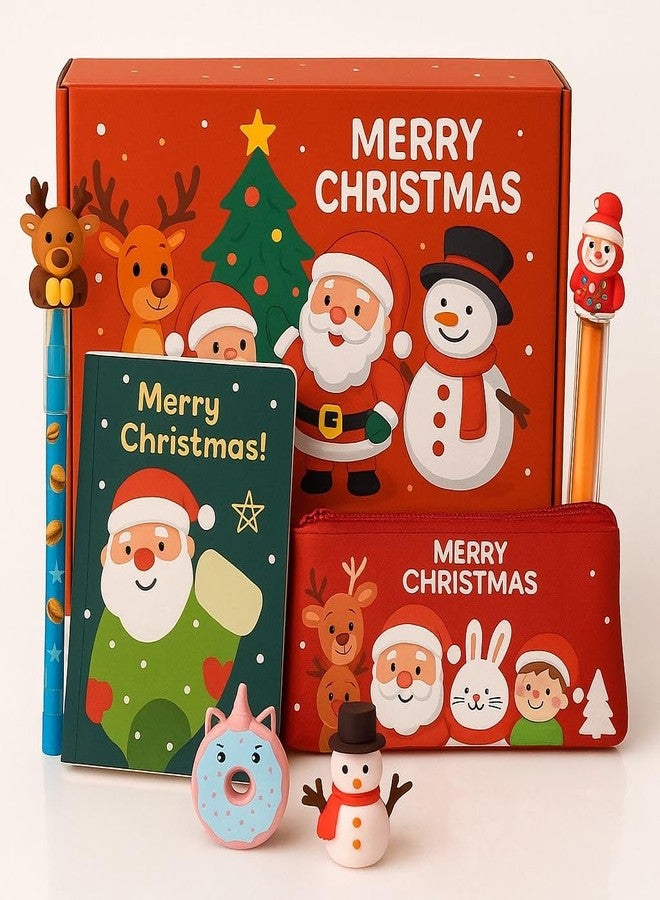 Le Delite Merry Christmas Stationery Gift Set for Kids, Santa Claus School Supplies with Diary, Zipper Pouch, Pen, Pencil, 2 Erasers in Goody Box, Christmas Theme - Image 3