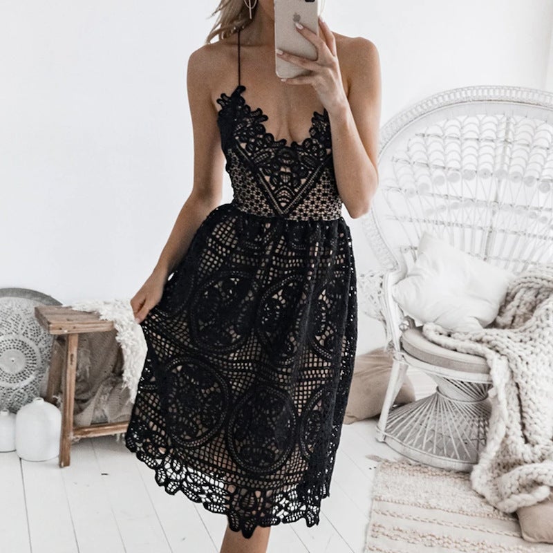 Fast Selling 2019 Foreign Trade Explosive Style Sling Lace Sexy V-Neck Leaky Back Water-soluble Dress black L - Image 1