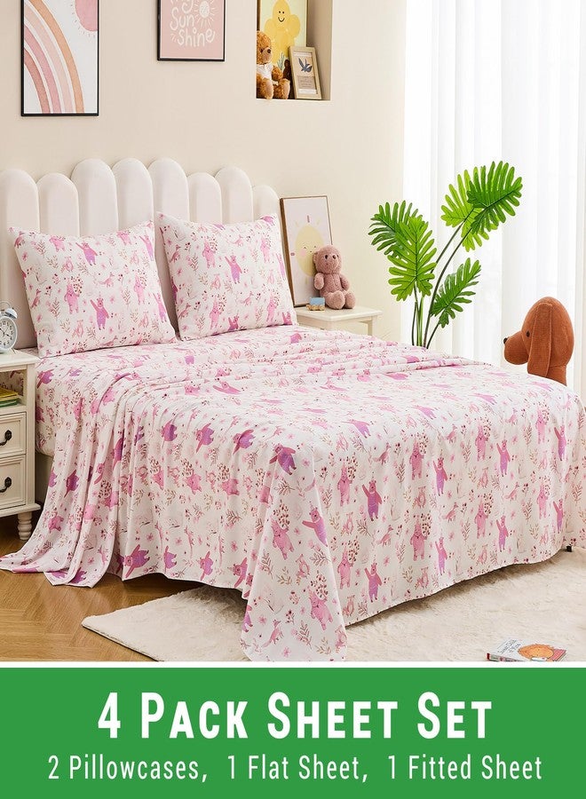 Gogreen Bed Sheet Set for Kids, Full Size Sheets Microfiber Fitted Sheet, Breathable & Silky Soft Feeling Kids Sheet Set 4 PCs Pink Bear Full Bed Sheet - Image 2