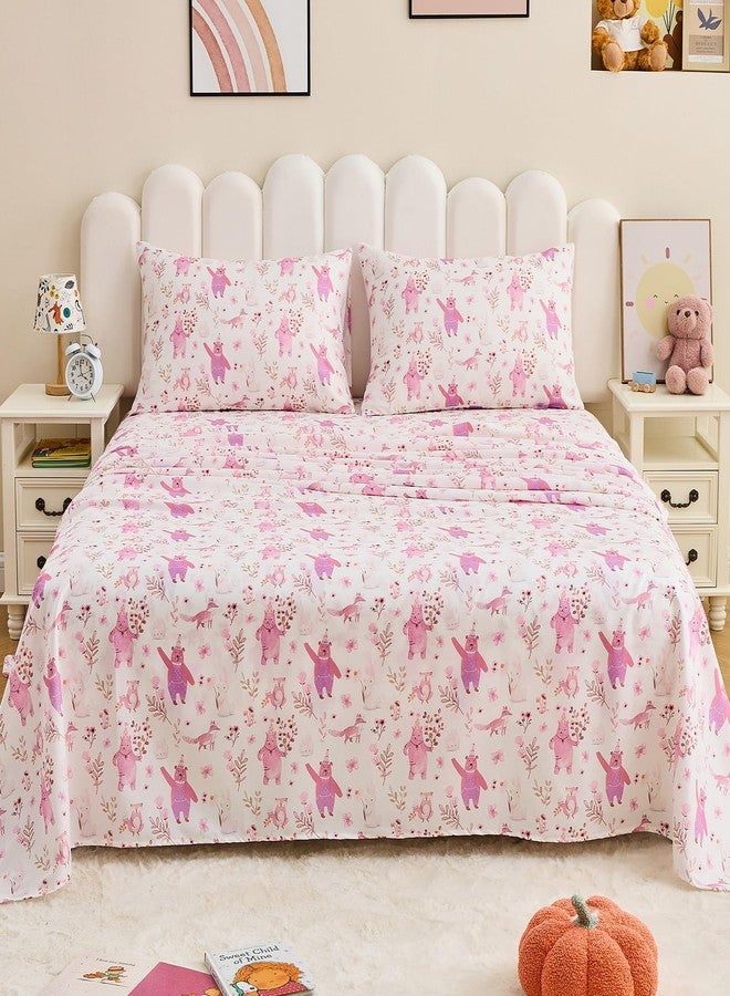 Gogreen Bed Sheet Set for Kids, Full Size Sheets Microfiber Fitted Sheet, Breathable & Silky Soft Feeling Kids Sheet Set 4 PCs Pink Bear Full Bed Sheet - Image 1
