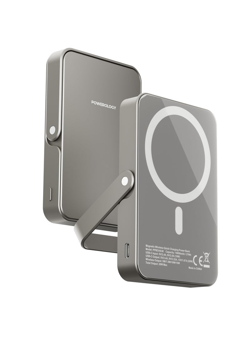 باورولوجي بنك طاقة بسعة 10000 مللي أمبير MagSafe 20 واط PD للشحن السريع، شاحن محمول مغناطيسي USB-C، شحن لاسلكي سريع 15 واط، حزمة بطارية مع حامل مدمج لجهاز iPhone 17-12 Series. - Image 1