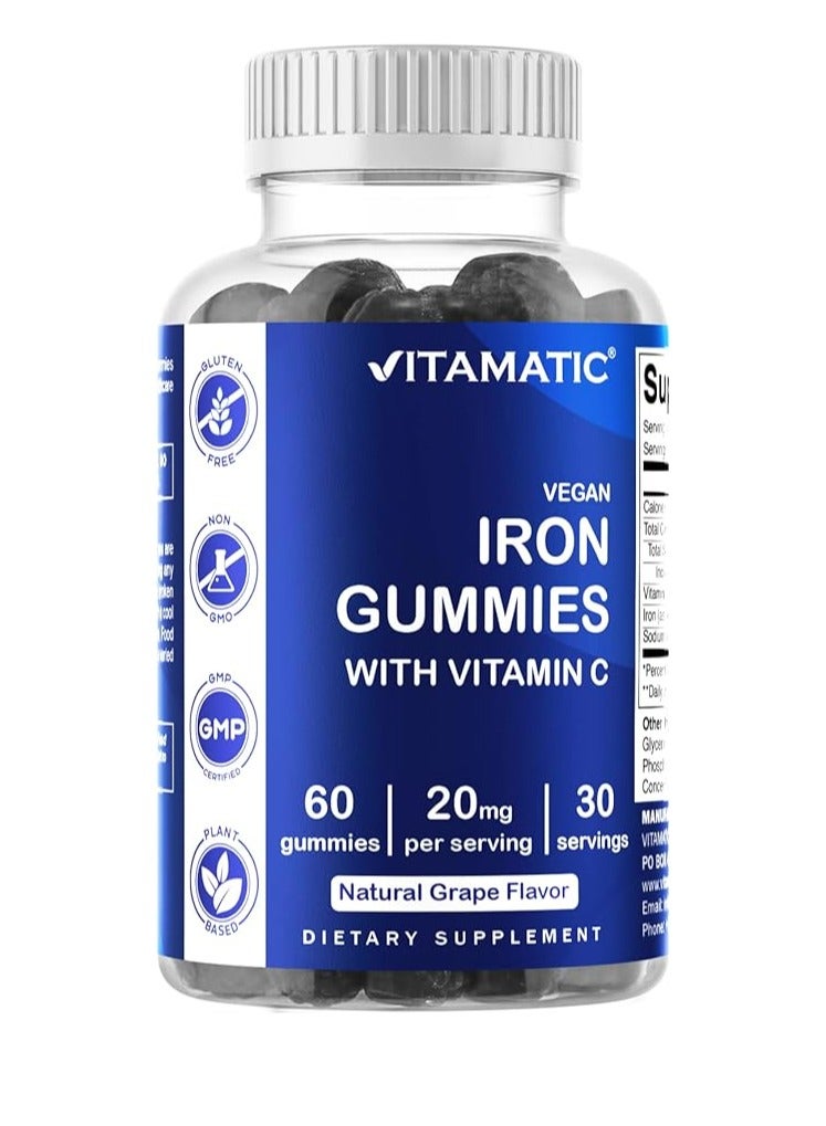Vitamatic Iron Gummies Supplement for Women & Men 20mg Serving 60 Vegan Gummies