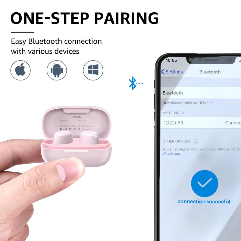 TOZO سماعات أذن لاسلكية TOZO A1 بلوتوث 5.3 خفيفة الوزن داخل الأذن مقاومة للماء IPX5 مع ميكروفونين للمكالمات الذكية، صوت غامر ممتاز مع سماعة رأس ذات قاعدة مع علبة شحن، 32 إعداد مخصص عبر التطبيق - Image 5