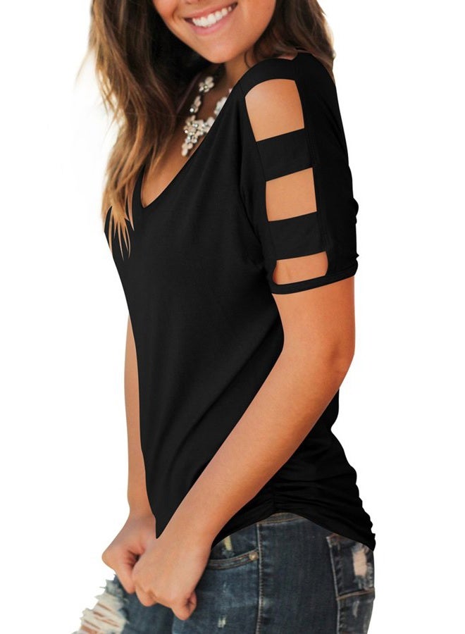 Jescakoo Women's Short Sleeve Cut Out Cold Shoulder Tops Deep V Neck T Shirts, 00a V Neck-black, M - Image 4