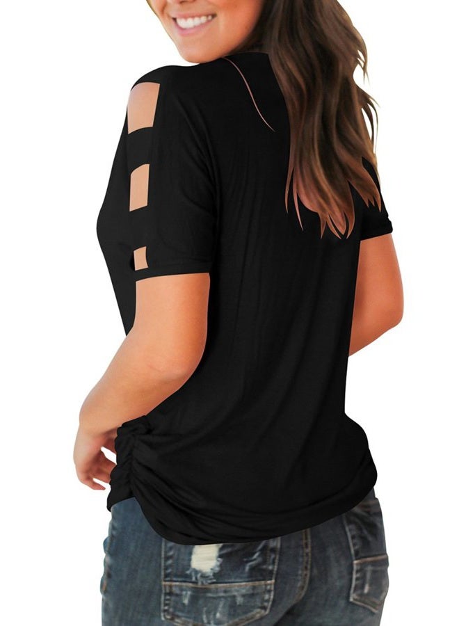Jescakoo Women's Short Sleeve Cut Out Cold Shoulder Tops Deep V Neck T Shirts, 00a V Neck-black, M - Image 5