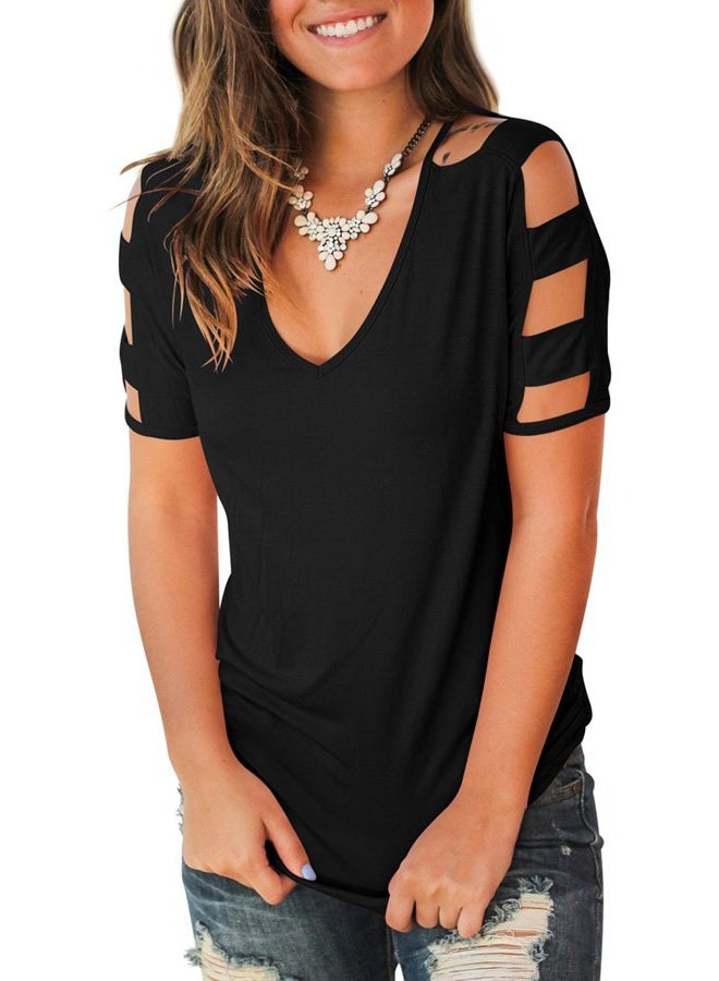 Jescakoo Women's Short Sleeve Cut Out Cold Shoulder Tops Deep V Neck T Shirts, 00a V Neck-black, M - Image 2