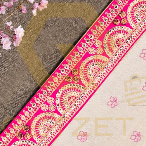 GETZET Embroidery Sequence and Golden Heavy Work Trim Lace Border Falls for Saree, Dresses, Bandhani, Lehenga, Kurti Decorative Design Ribbon Cloths Sewing. (6 cm Width, 9 Meter, Pink) - Image 2