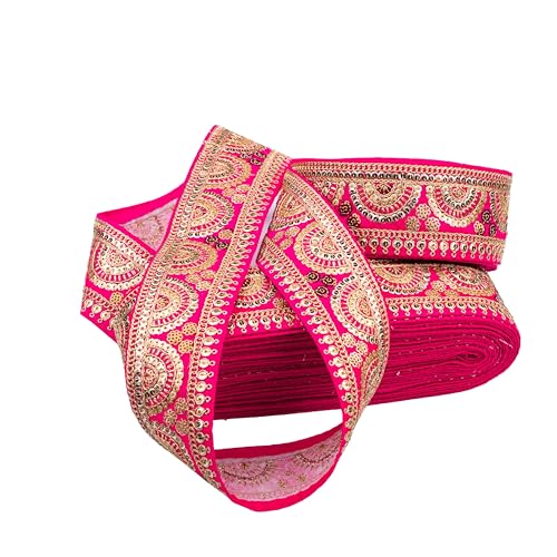 GETZET Embroidery Sequence and Golden Heavy Work Trim Lace Border Falls for Saree, Dresses, Bandhani, Lehenga, Kurti Decorative Design Ribbon Cloths Sewing. (6 cm Width, 9 Meter, Pink) - Image 1