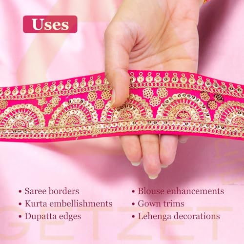 GETZET Embroidery Sequence and Golden Heavy Work Trim Lace Border Falls for Saree, Dresses, Bandhani, Lehenga, Kurti Decorative Design Ribbon Cloths Sewing. (6 cm Width, 9 Meter, Pink) - Image 4