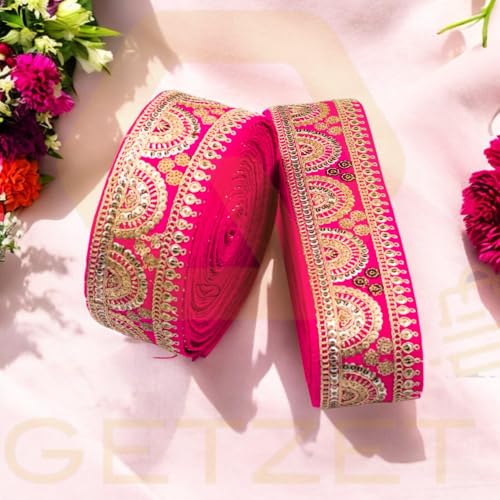 GETZET Embroidery Sequence and Golden Heavy Work Trim Lace Border Falls for Saree, Dresses, Bandhani, Lehenga, Kurti Decorative Design Ribbon Cloths Sewing. (6 cm Width, 9 Meter, Pink) - Image 3