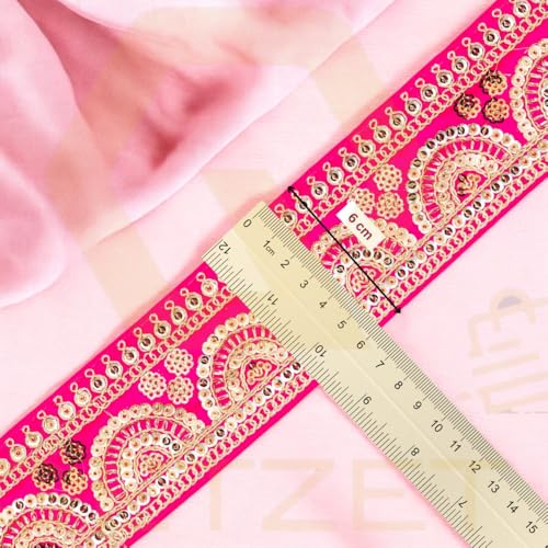 GETZET Embroidery Sequence and Golden Heavy Work Trim Lace Border Falls for Saree, Dresses, Bandhani, Lehenga, Kurti Decorative Design Ribbon Cloths Sewing. (6 cm Width, 9 Meter, Pink) - Image 5