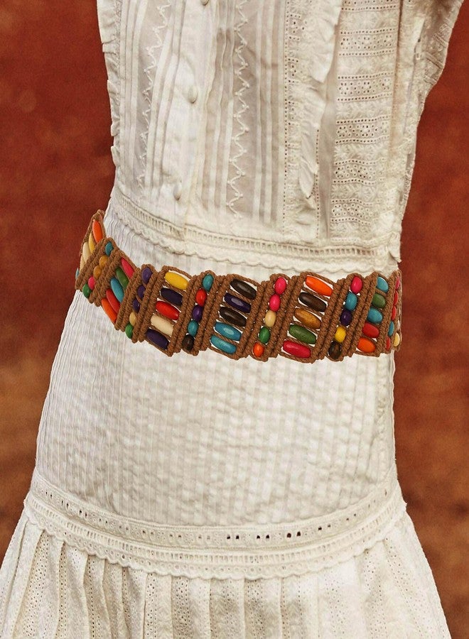 Bohend Boho Braided Belts Women Tie Colorful Western Woven Belt Wrap Rope Hippie Belts for Dresses (Colorful Beads-Brown) - Image 2
