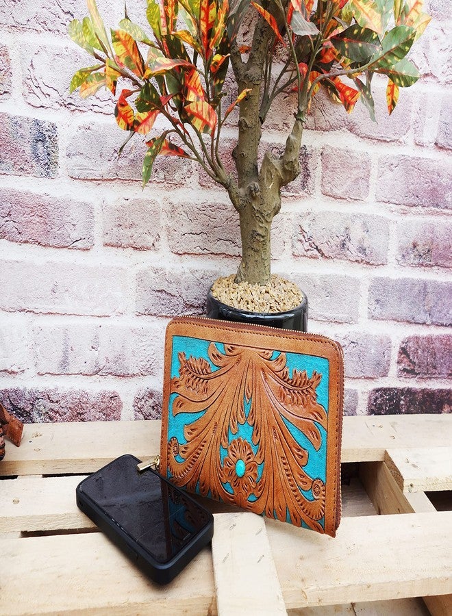 cords craft, Purse for Women, Hand Tooled, Turquoise with Semi-Precious Stone - Image 3