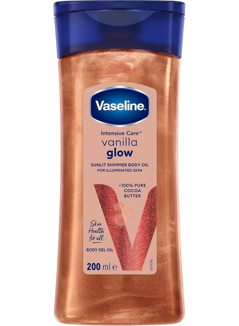 فازلين إنتنسيف كير، زيت الجسم "فانيلا جلو + صن ليت شيمر" (Vanilla Glow + Sunlit Shimmer)، عبوة جل 200 مل | لبشرة متألقة | بفوائد زبدة الكاكاو النقية بنسبة 100%* - Image 1