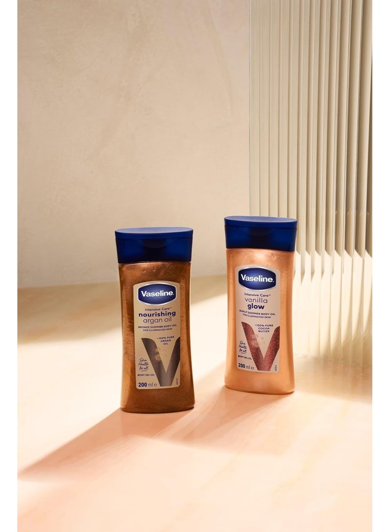 فازلين إنتنسيف كير، زيت الجسم "فانيلا جلو + صن ليت شيمر" (Vanilla Glow + Sunlit Shimmer)، عبوة جل 200 مل | لبشرة متألقة | بفوائد زبدة الكاكاو النقية بنسبة 100%* - Image 3