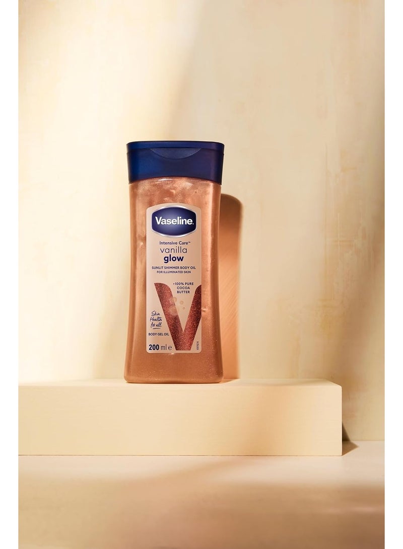 فازلين إنتنسيف كير، زيت الجسم "فانيلا جلو + صن ليت شيمر" (Vanilla Glow + Sunlit Shimmer)، عبوة جل 200 مل | لبشرة متألقة | بفوائد زبدة الكاكاو النقية بنسبة 100%* - Image 2