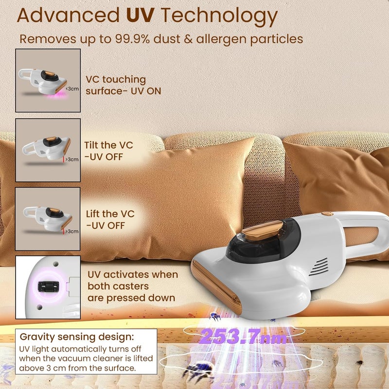 Taurus Bed Vacuum Cleaner for Home400W Anti Dust Mite Mattress Vacuum Cleaner with Uv Light Sterilization10Kpa Suction Power Corded Handheld Vacuum with Hepa Filter for SofaPillowsWhite - Image 3