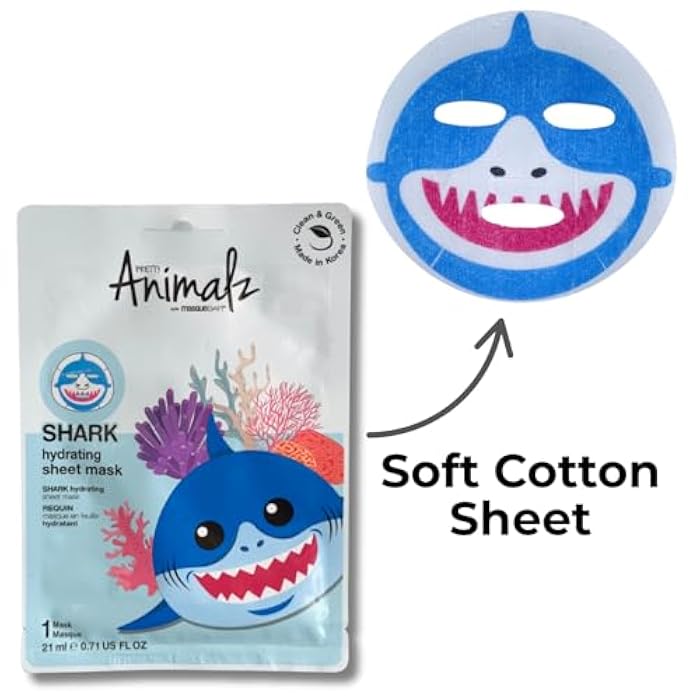 masque BAR Pretty Animalz Animal Character Sheet Mask, Korean Skin Care, Korean Spa Masks for All Skin Types, Spa Gifts, Birthday Party Gifts, Girls' Night, Skincare Party, Shark Pack of 6 - Image 3
