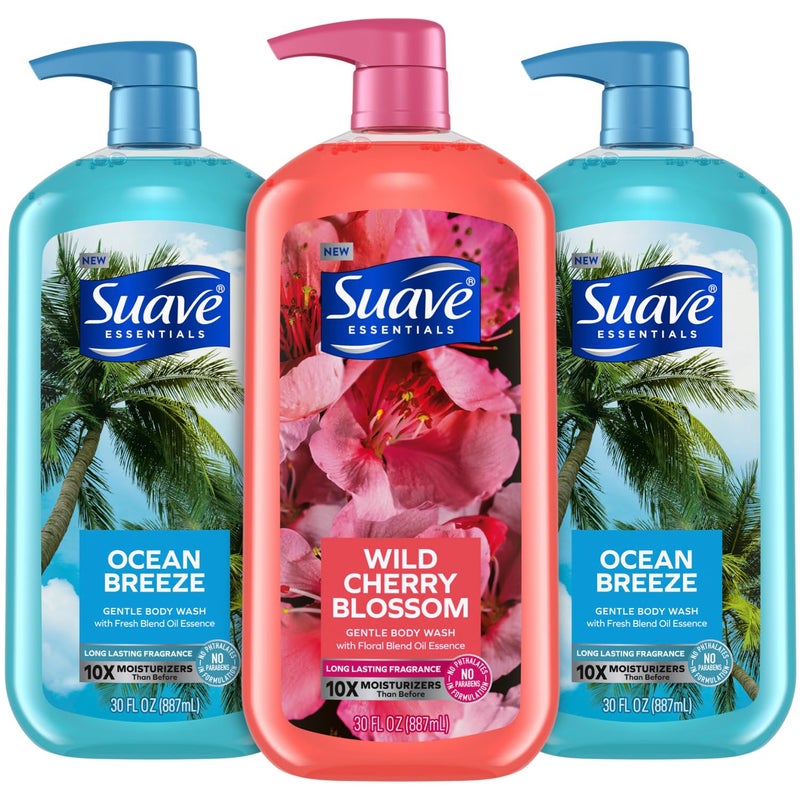 Suave Body Wash Variety Bundle  Ocean Breeze 2Pack  Wild Cherry Blossom Gentle  Moisturizing Body Washes with Vitamin E 30 Oz Ea 3 Piece Set