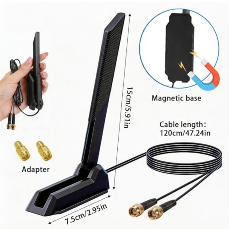 External WiFi 6E tri-band antenna 2.4GHz/5.8GHz/6GHz for PC desktops, gaming motherboards, WiFi-Bluetooth cards, routers RP-SMA connector, magnetic base, black, high-gain signal boost - Image 2