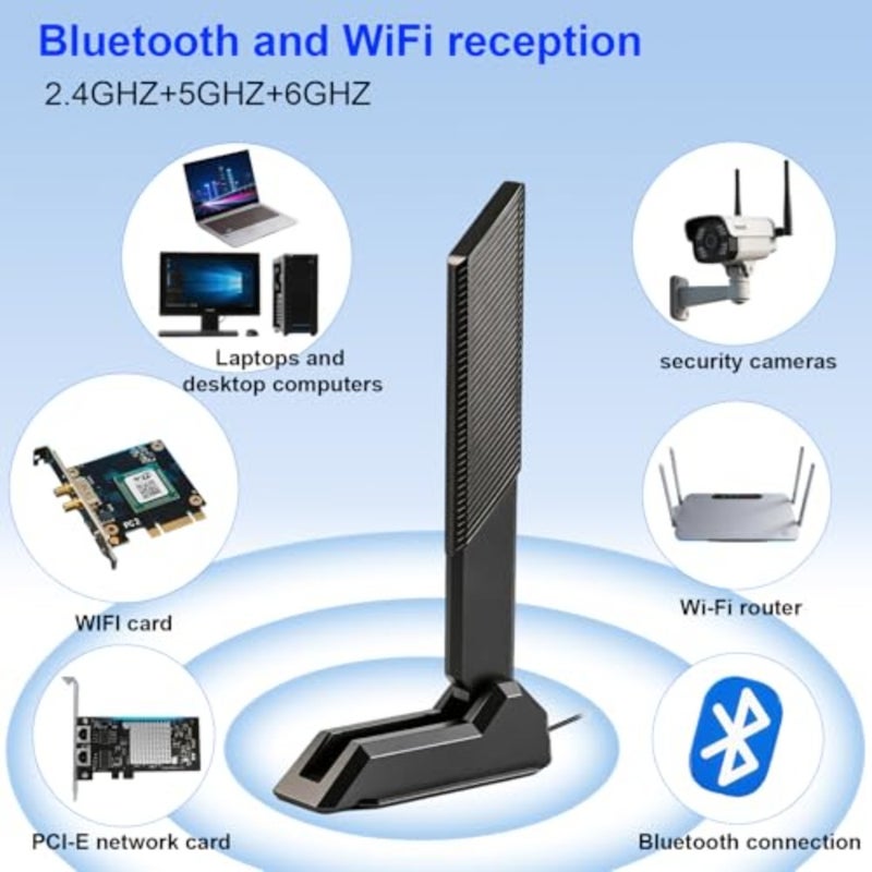 External WiFi 6E tri-band antenna 2.4GHz/5.8GHz/6GHz for PC desktops, gaming motherboards, WiFi-Bluetooth cards, routers RP-SMA connector, magnetic base, black, high-gain signal boost - Image 3