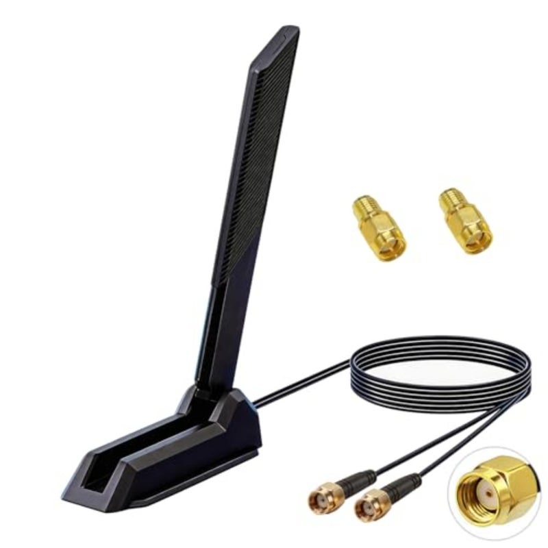 External WiFi 6E tri-band antenna 2.4GHz/5.8GHz/6GHz for PC desktops, gaming motherboards, WiFi-Bluetooth cards, routers RP-SMA connector, magnetic base, black, high-gain signal boost - Image 1