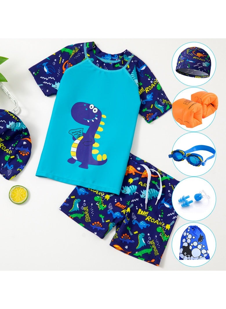 Kids Swimwear Boys Girls Cartoon Split Swimsuit Set, Toddler Kids Blue Dinosaur Bathing Suit with Swim Cap Pants 7 Piece Set for Students - Image 1