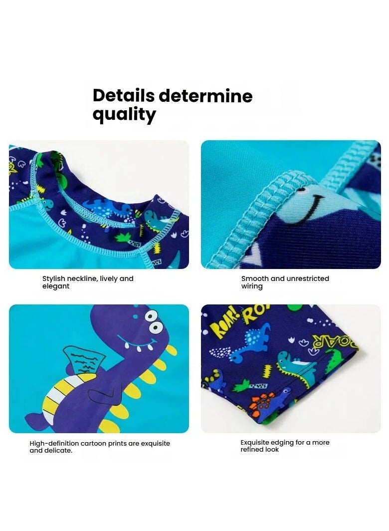 Kids Swimwear Boys Girls Cartoon Split Swimsuit Set, Toddler Kids Blue Dinosaur Bathing Suit with Swim Cap Pants 7 Piece Set for Students - Image 2