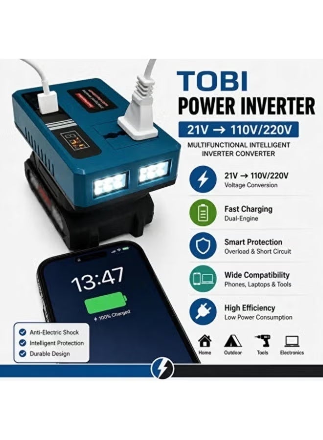 TOBI 21V to 180V/220V Power Inverter, DC to AC Voltage Converter with Dual USB Fast Charging, Intelligent Protection, Anti-Shock Design, Portable Power Inverter for Laptop, Mobile & Compatible Electronics - Image 4