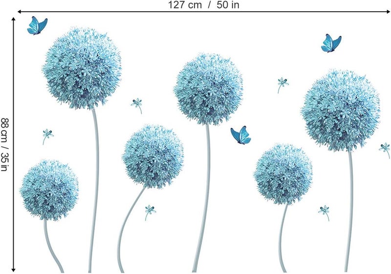 decalmile 6 Blue Dandelion Wall Decals Allium Flower Butterfly Wall Stickers Living Room Bedroom TV Wall Decor - Image 4
