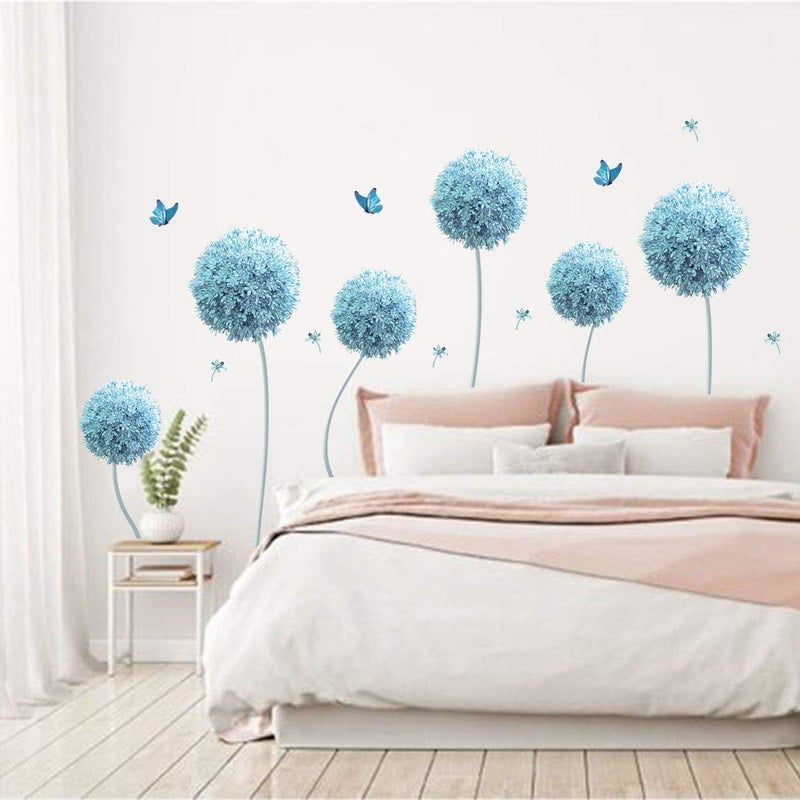 decalmile 6 Blue Dandelion Wall Decals Allium Flower Butterfly Wall Stickers Living Room Bedroom TV Wall Decor - Image 2