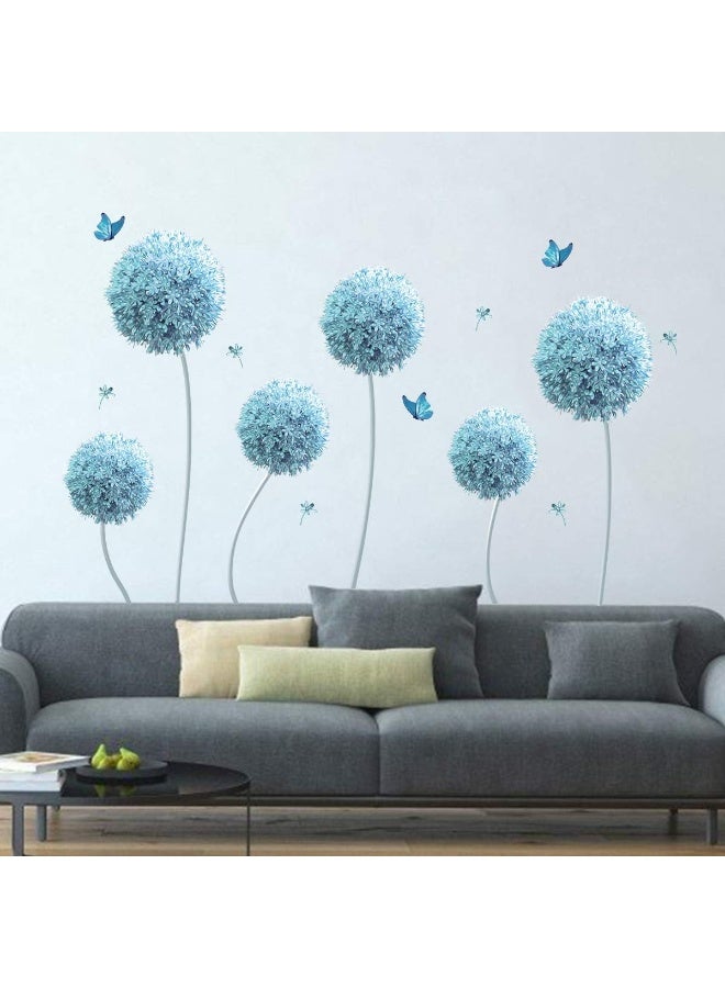 decalmile 6 Blue Dandelion Wall Decals Allium Flower Butterfly Wall Stickers Living Room Bedroom TV Wall Decor - Image 1
