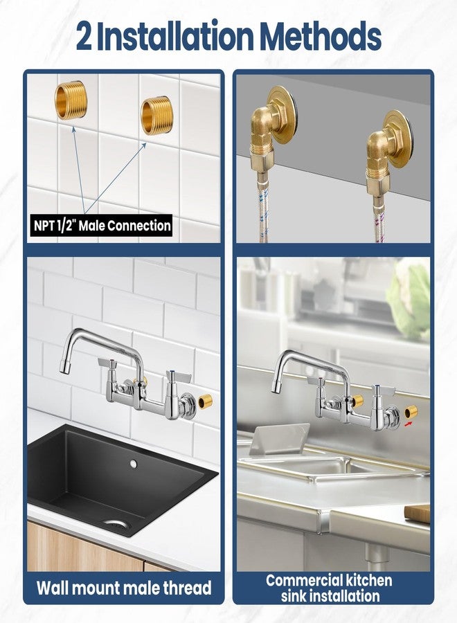 Airuida Wall Mount Utility Kitchen Sink Faucet 2 Handle Wall Mounted Laundry Tap Wall Mounted Sink Faucets 8 Inch Center Commercial Kitchen Faucet Chrome Polish with Adapters 8 Inches Swivel Spout - Image 5