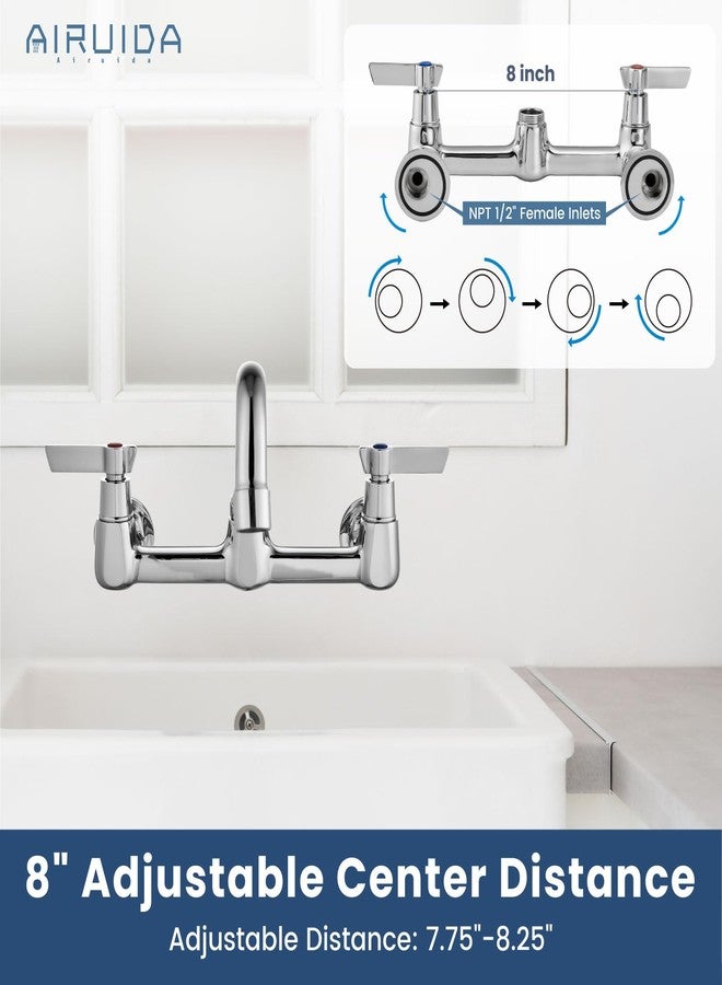 Airuida Wall Mount Utility Kitchen Sink Faucet 2 Handle Wall Mounted Laundry Tap Wall Mounted Sink Faucets 8 Inch Center Commercial Kitchen Faucet Chrome Polish with Adapters 8 Inches Swivel Spout - Image 3