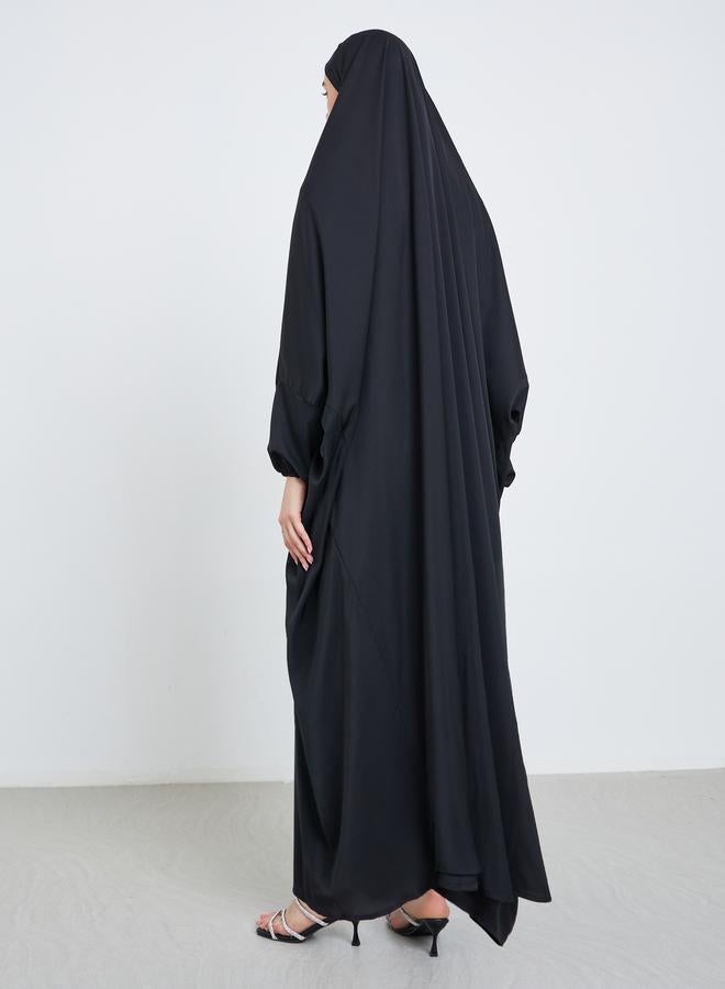 تايك تو عباءة بغطاء رأس بأكمام خفاش سوداء مزدوجة - Image 4