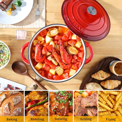 Velaze 7.5 QT Dutch Oven Pot with Lid, Enameled Cast Iron Dutch Oven with Dual Handles for Sourdough Bread Baking, Cooking, Non-stick Enamel Coated Cookware (RED) - Image 5