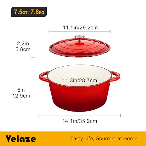 Velaze 7.5 QT Dutch Oven Pot with Lid, Enameled Cast Iron Dutch Oven with Dual Handles for Sourdough Bread Baking, Cooking, Non-stick Enamel Coated Cookware (RED) - Image 2