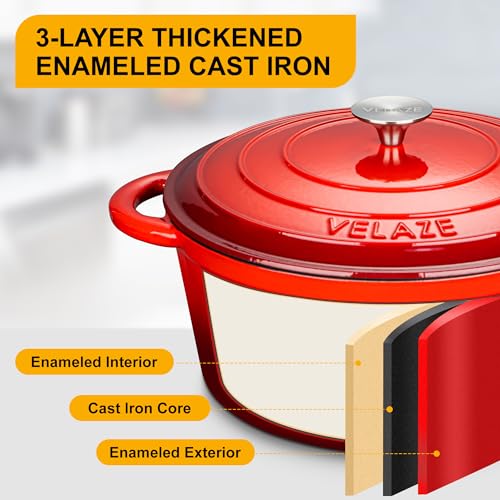 Velaze 7.5 QT Dutch Oven Pot with Lid, Enameled Cast Iron Dutch Oven with Dual Handles for Sourdough Bread Baking, Cooking, Non-stick Enamel Coated Cookware (RED) - Image 4