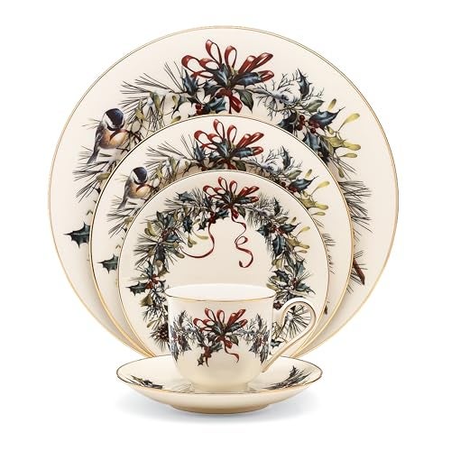 LENOX لينوكس 185591602 تحيات الشتاء، عظام الصين العاجية، مجموعة إعداد طاولة مكونة من 5 قطع، مجموعة أدوات مائدة عيد الميلاد، استضافة العطلات - Image 1