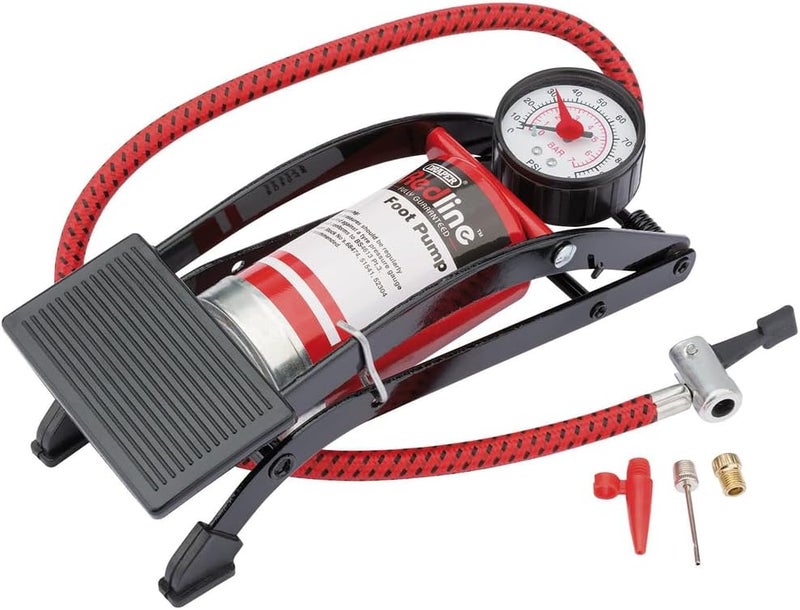 Draper Redline 68092 All-Metal Foot Pump with Braided Hose