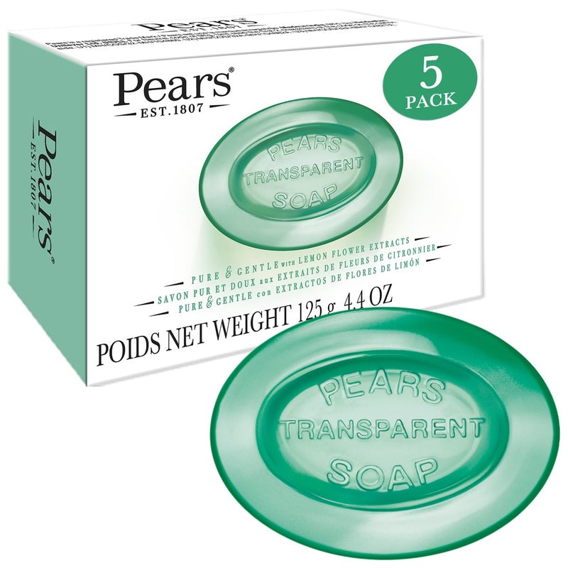 Pears Soap, Pure & Gentle with Lemon Flower Extracts, 5-Pack â€“ Transparent Green Glycerin Soap for Radiant, Glowing Skin, 4.4 Oz Ea - Image 1