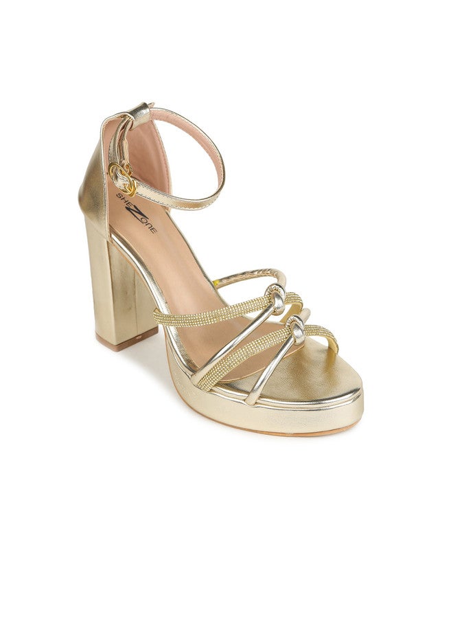 She Zone Gold Embellished Open Toe Block Heels for Women - Image 2