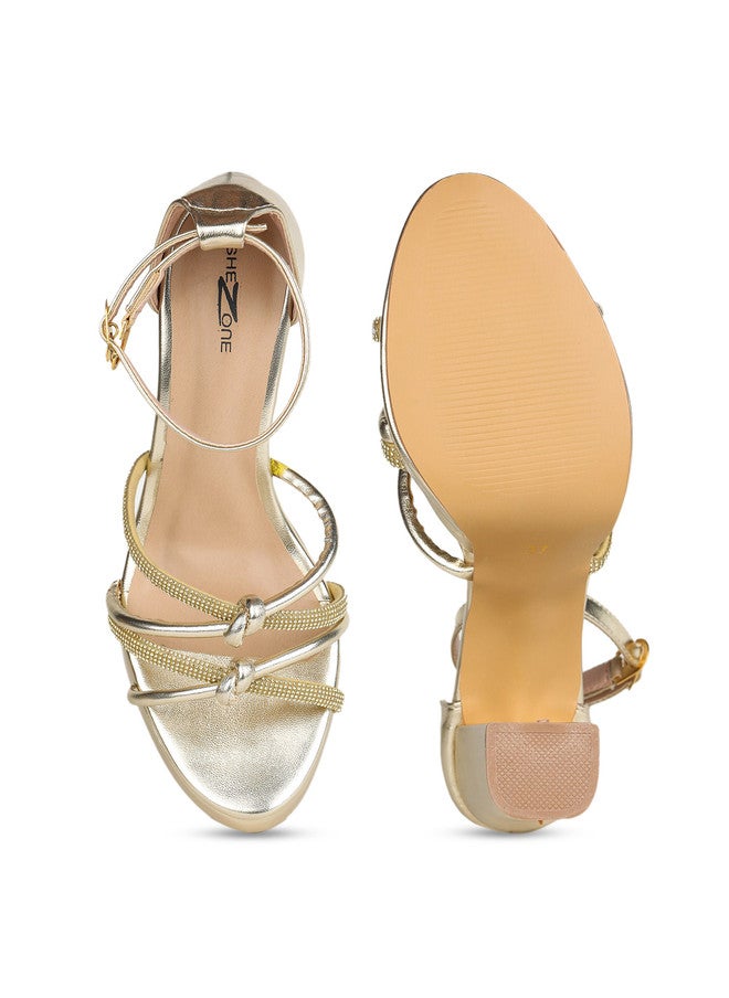 She Zone Gold Embellished Open Toe Block Heels for Women - Image 5