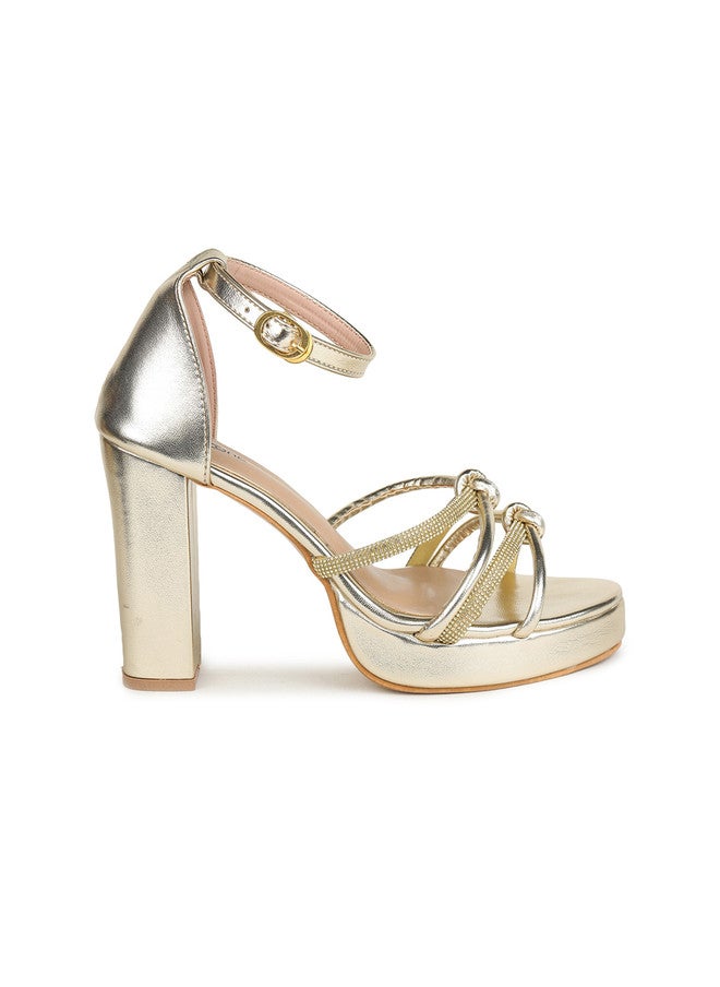 She Zone Gold Embellished Open Toe Block Heels for Women - Image 4