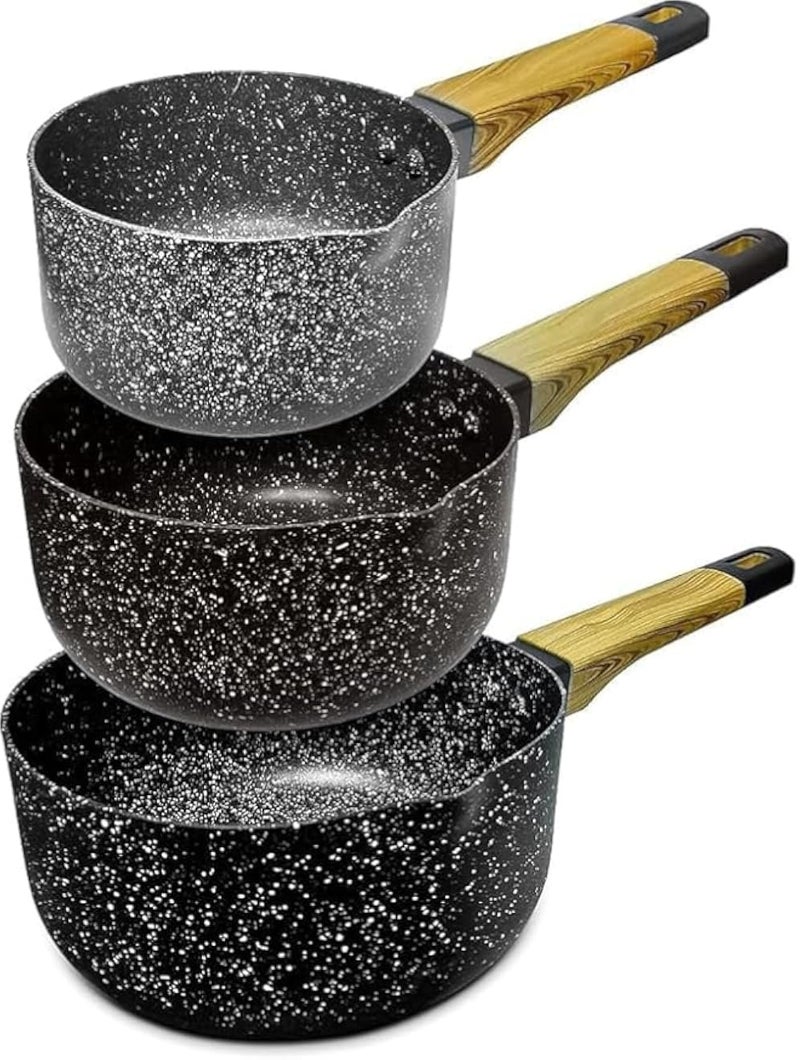 Granite Saucepan Set, 3-Piece Cookware (14/16/18 CM), Non-Stick, PFOA-Free, High Rim, Induction & Gas Stove Safe, Soft-Touch Handles, Durable & Easy to Clean Cooking Pots.