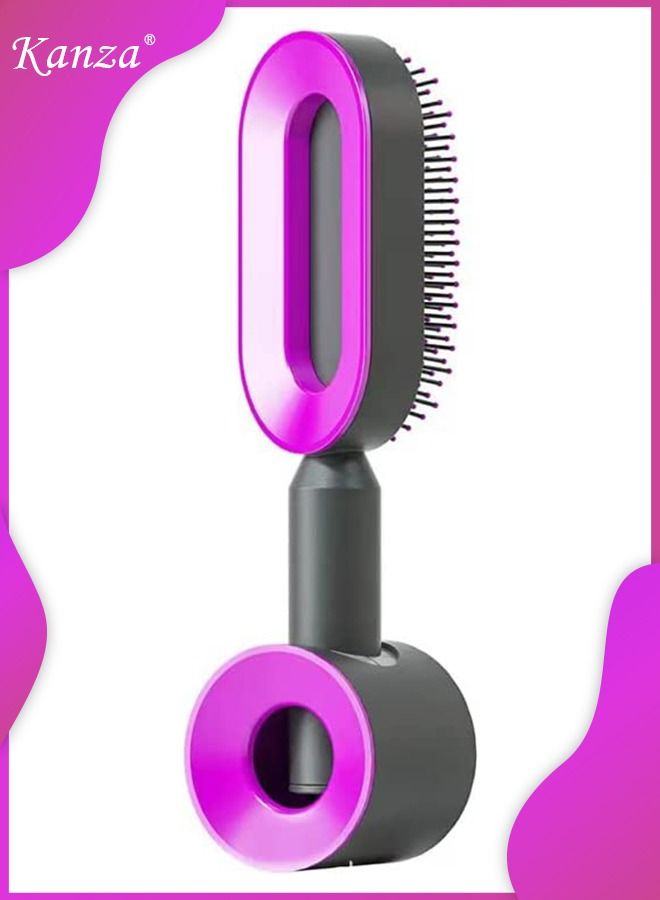 Kanza فرشاة شعر مجعد ذاتية التنظيف مع حامل وفرشاة فك التشابك للشعر المجعد وفرشاة شعر الاستحمام الرطب وفرشاة فك تشابك الشعر للشعر الكثيف وفرشاة تحديد وفك تشابك الشعر الرطب باللون الأرجواني - Image 1