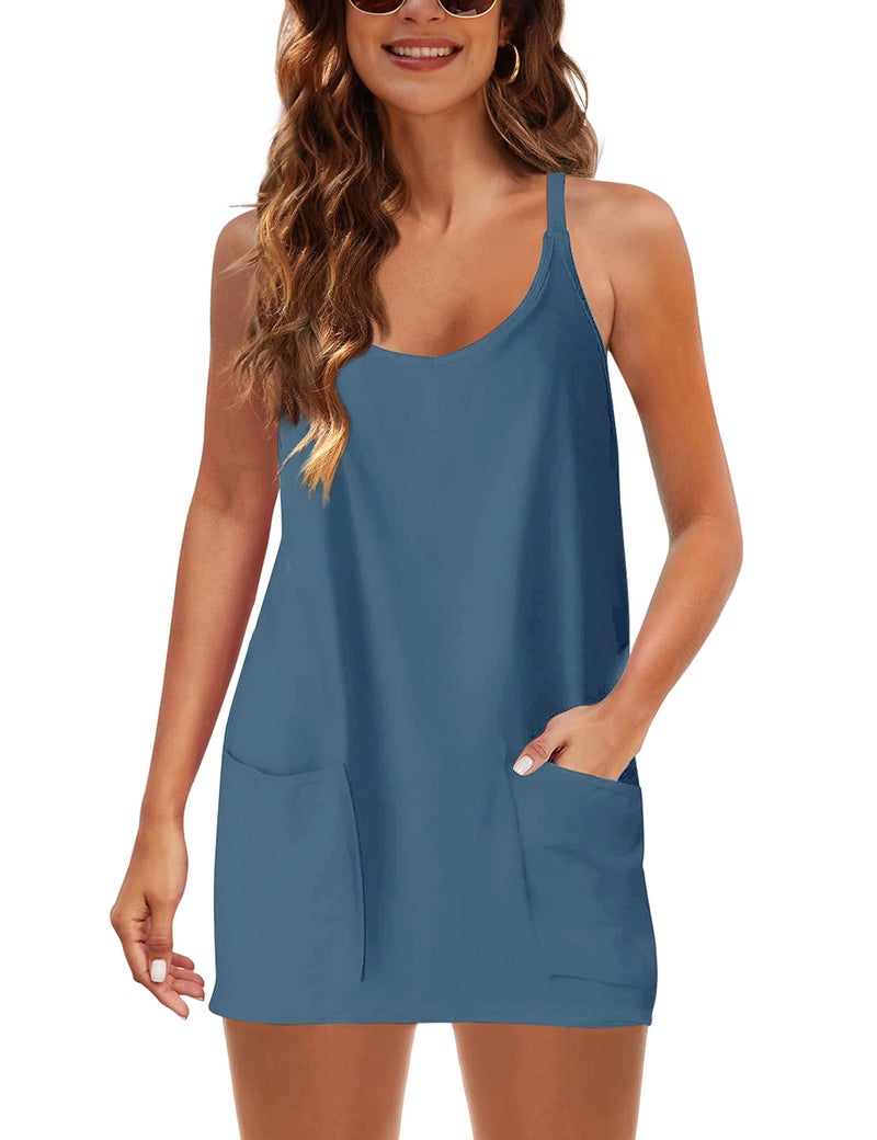 Lentta Womens Athletic Sleeveless Mini Dress with Built-in Shorts V Neck Spaghetti Strap Sundress(Navy-L) - Image 3