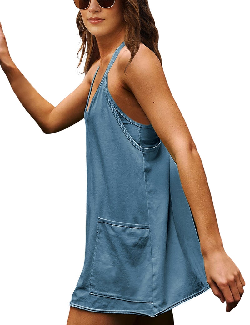 Lentta Womens Athletic Sleeveless Mini Dress with Built-in Shorts V Neck Spaghetti Strap Sundress(Navy-L) - Image 4