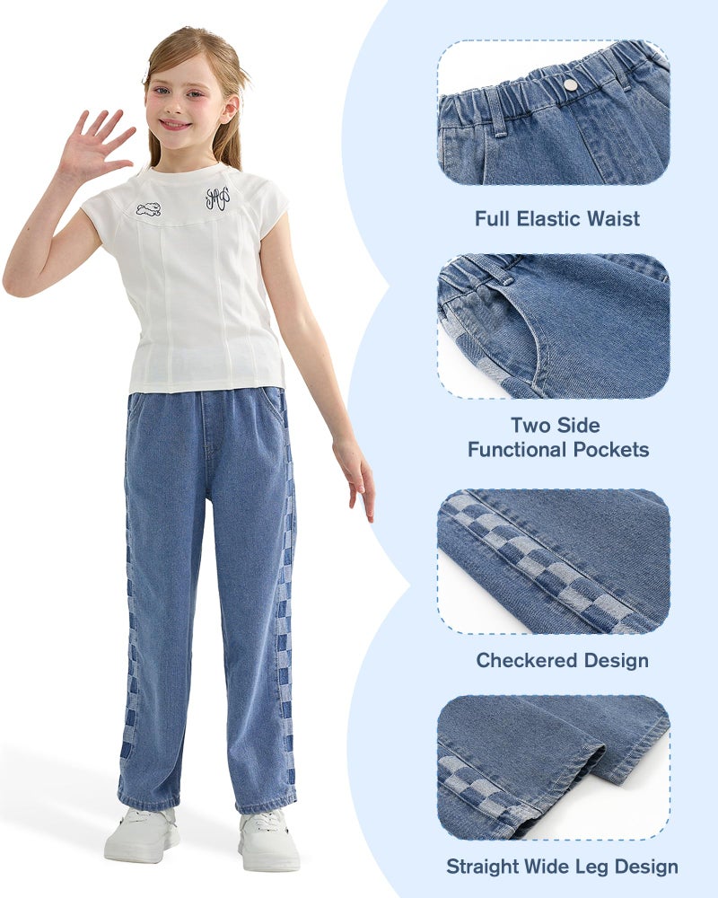 Rolanko Girls Baggy Jeans Elastic Wide Leg Denim Pants Plaid Patch Loose Trousers Kids Clothes (Checkerboard, 12-14) - Image 4