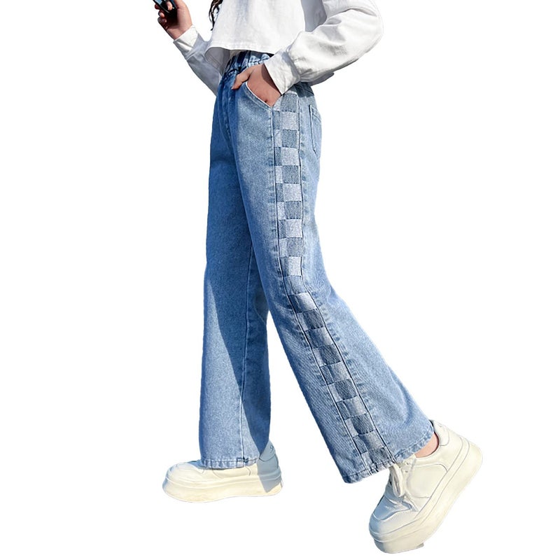 Rolanko Girls Baggy Jeans Elastic Wide Leg Denim Pants Plaid Patch Loose Trousers Kids Clothes (Checkerboard, 12-14) - Image 1